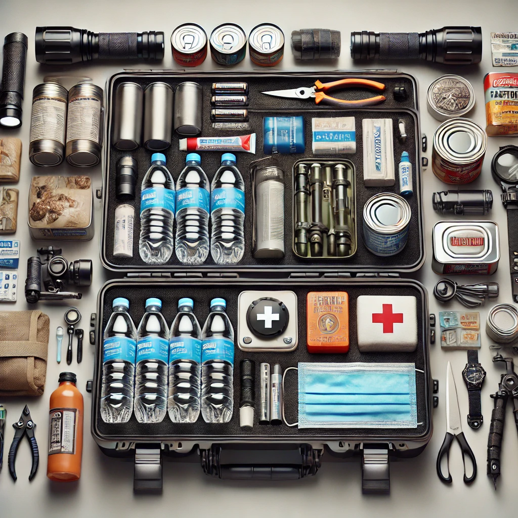 Picture of several survival items, food, flashlights, tools and other prepping and survival related items.